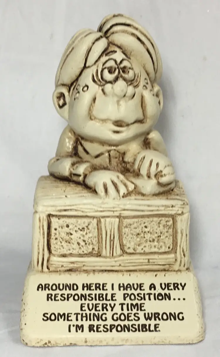 Vintage Paula Co. figurine, humorous, office worker, resin, beige & brown, 1976