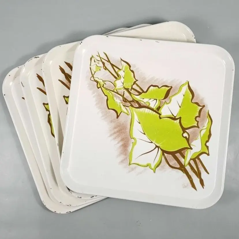 Vintage White Enameled Green Vine Metal Serving Tray Set