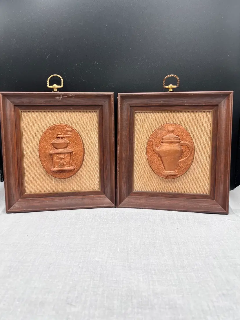 Beautiful Pair of Framed Copper Look Kitchen Wall Hangings Depicting a Coffee Grinder and Coffee Pot with Burlap Mat and Brown Frames