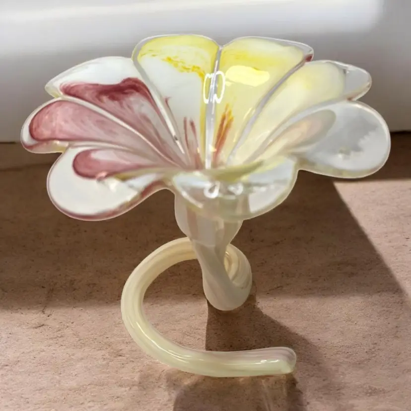 Vintage MCM Murano 1960s Art Glass Flower Pink &Yellow Bud Vase Made in Italy