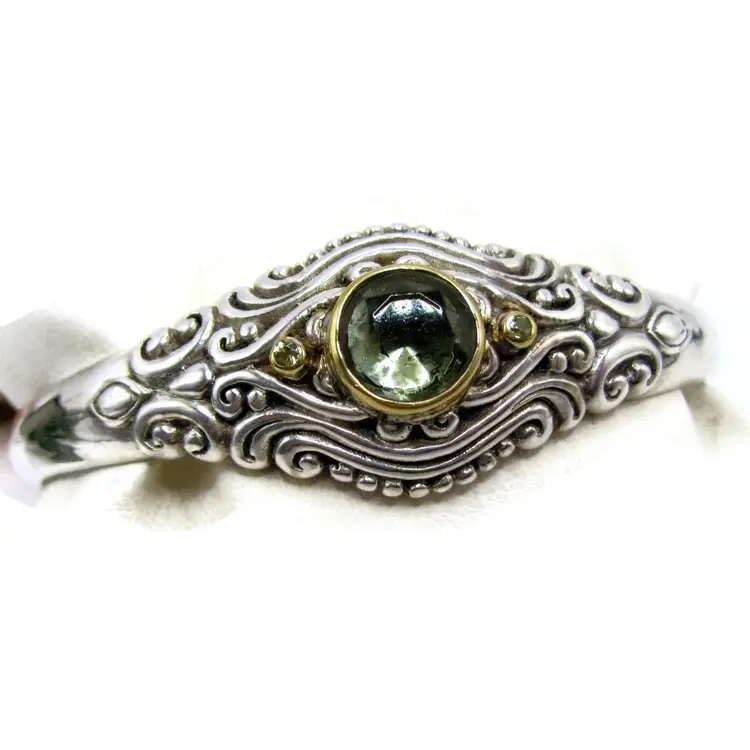 Fabulous Sterling Scroll Cuff Silver Green Stone Vintage