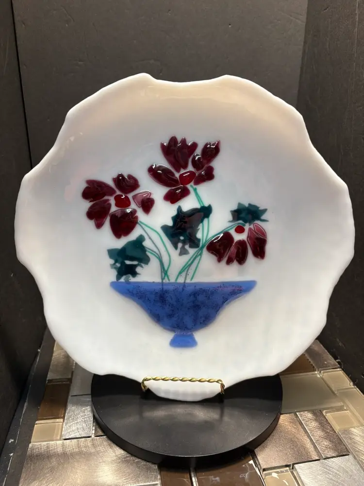 Vintage Fused Glass Red Poppy’s In Vase On Milk glass