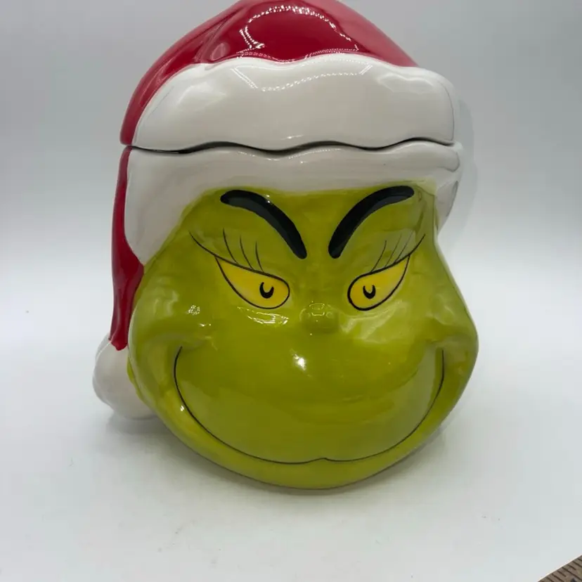 Dr. Seuss The Grinch with Santa Hat Ceramic Cookie Jar 9” Tall