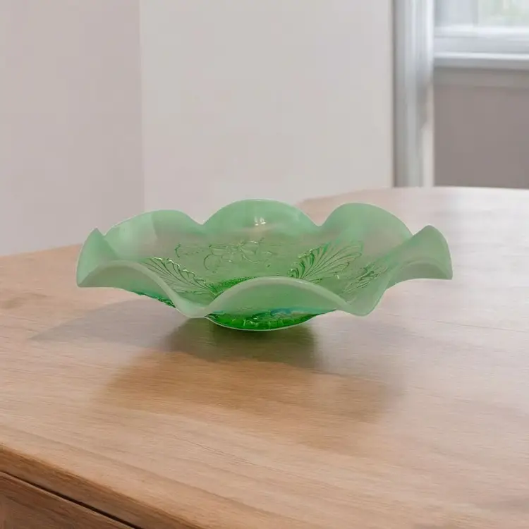 Antique Northwood Green Opalescent Blossoms & Palms Ruffled Bowl – Antique Pressed Glass