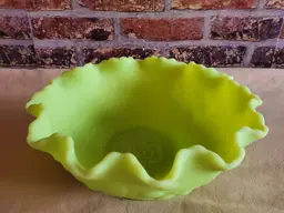 Vintage Fenton Lime Sherbet Satin Glass Bowl – Persian Medallion, Ruffled Rim