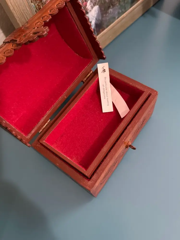 Vintage Wood Trinket/Jewelry Box Wrapped In Genuine Leather with intricate Hand-Tooled Carvings