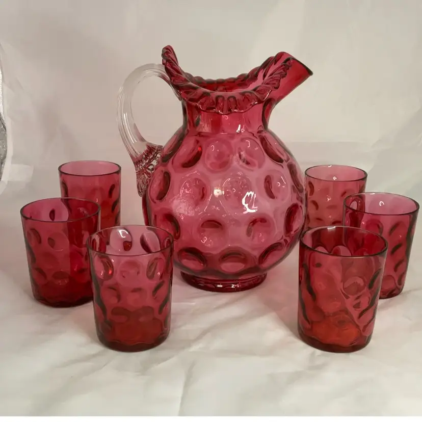019 Fenton Cranberry Thumbprint Coin Dot Ruffled Pitcher And 6 Glasses
