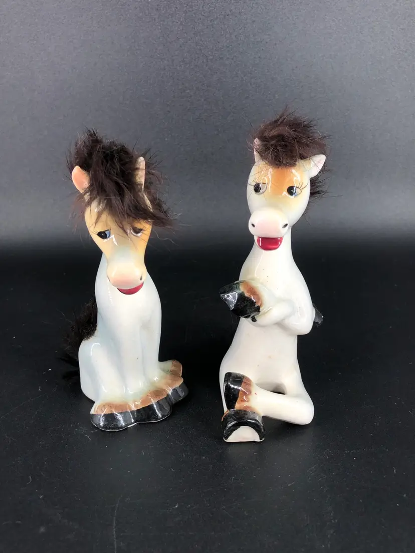 Vintage Norcrest Kitschy Anthropomorphic Horse Salt & Pepper Shakers with Fur
