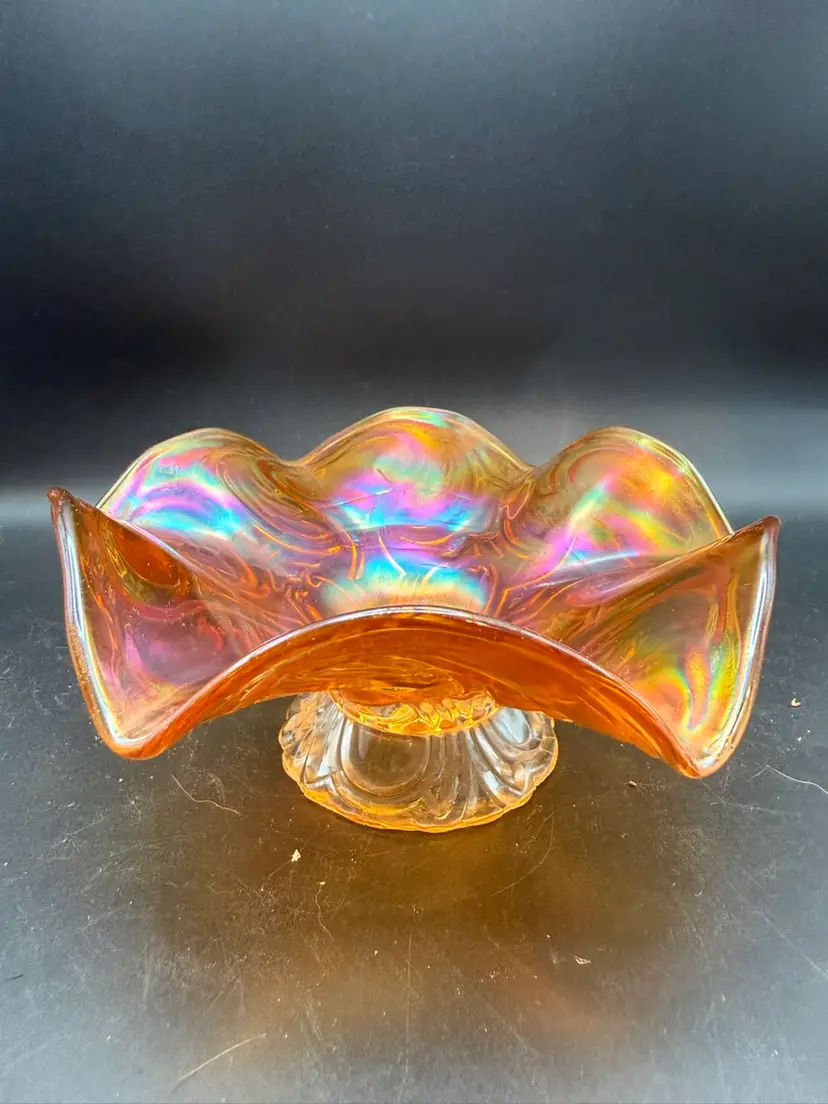 Antique Imperial Glass Rococo Iridescent Marigold Carnival Glass Ruffled Candy Dish