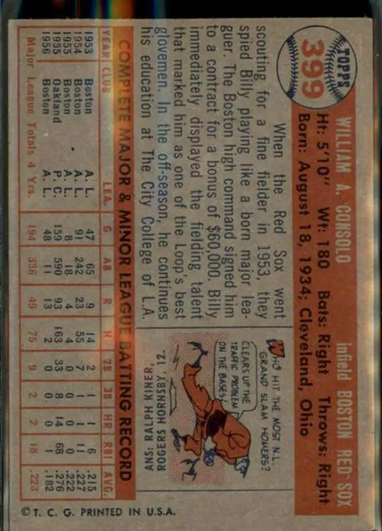 1957 Topps #399 Billy Consolo - ( pk1 ) - Boston Red Sox
