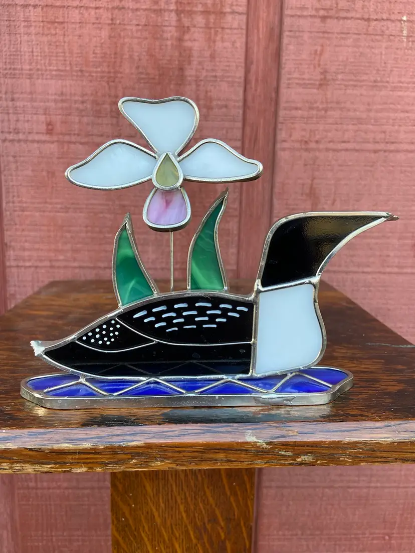 Stained Glass Sun Catcher With Minnesota Themes - Loon, State Bird and Pink & White Lady Slipper, State Flower and One of the 10,000 Lakes. Flower Purposely Wiggles.