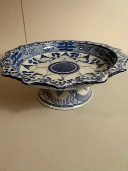 Vintage Blue and White Asian Pedestal Serving Dish: Thai Altar Bowl