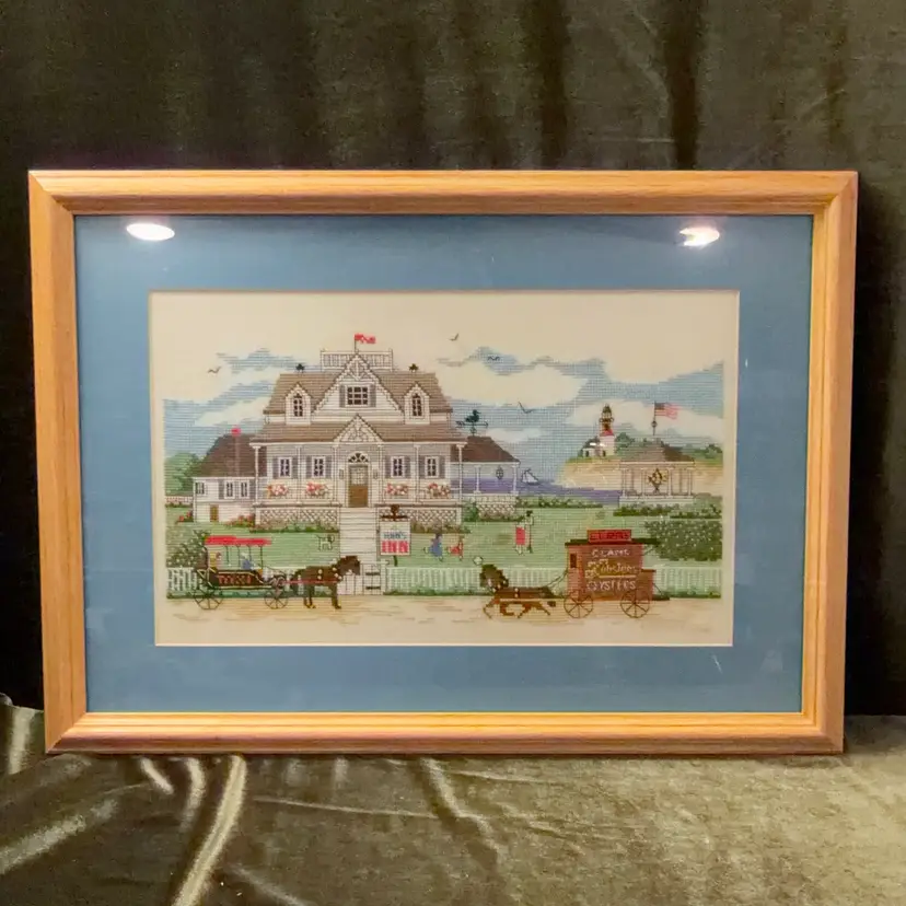 Vintage Framed Coastal Cross-Stitch Art