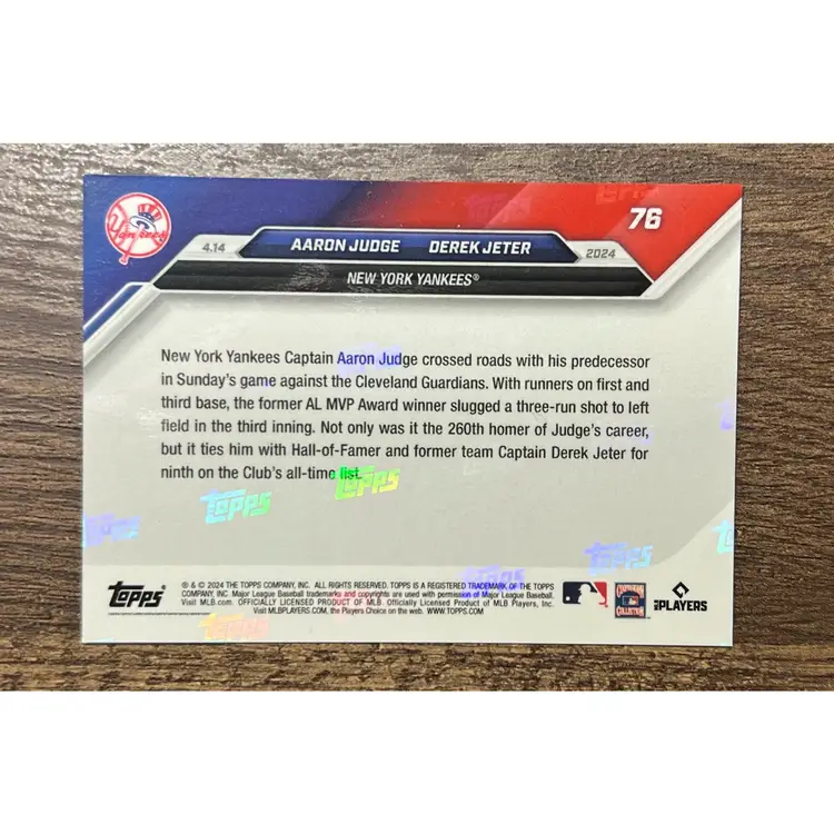 DEREK JETER AARON JUDGE 2024 MLB Topps NOW #76 260 HR  NEW YORK YANKEES 