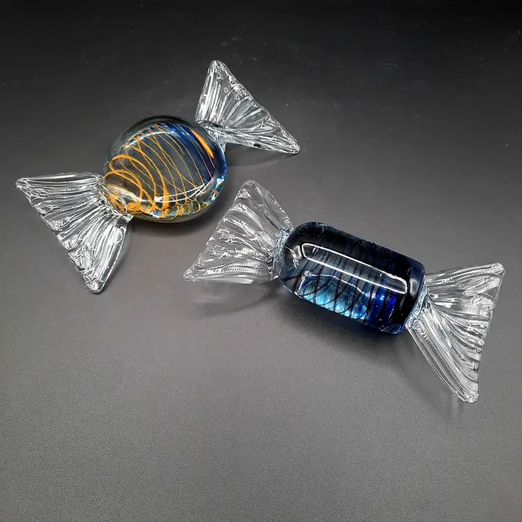 Vintage Large Handblown Glass Candy  Paperweights Christmas Orange Blue Swirl Set Of 2