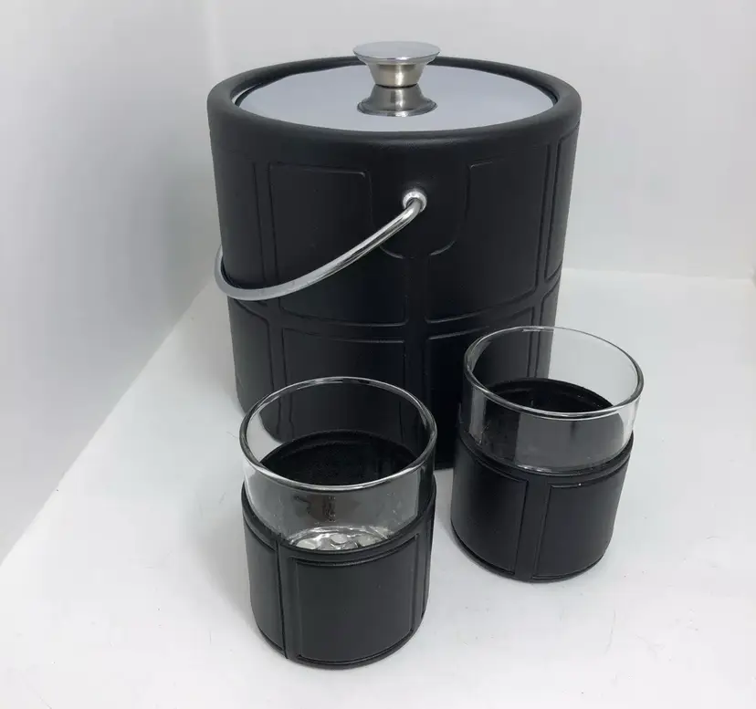 BARWARE Kraftware Vintage Ice Bucket Black Faux Leather With Two Low Ball Glasses 1960s MCM