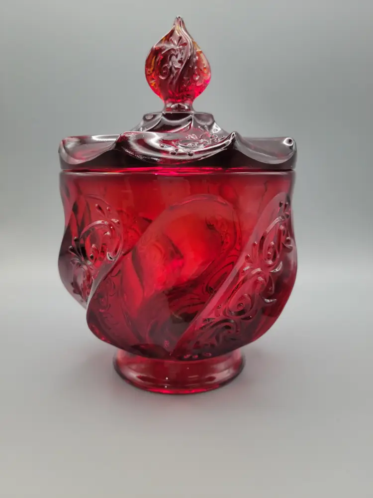 Fenton Paisley Swirl Amberina Ruby Red Lidded Candy Dish