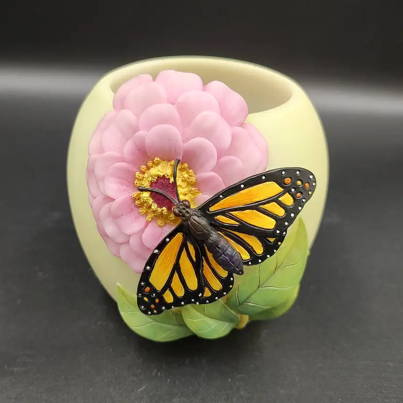 Vtg Monarch Butterfly With Zinna Flower Frog Planter