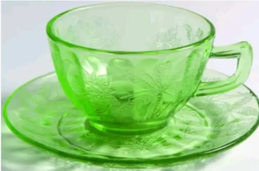 Vintage 1931-1935 Jeannette Depression Floral Green Uranium  Cup and Saucer