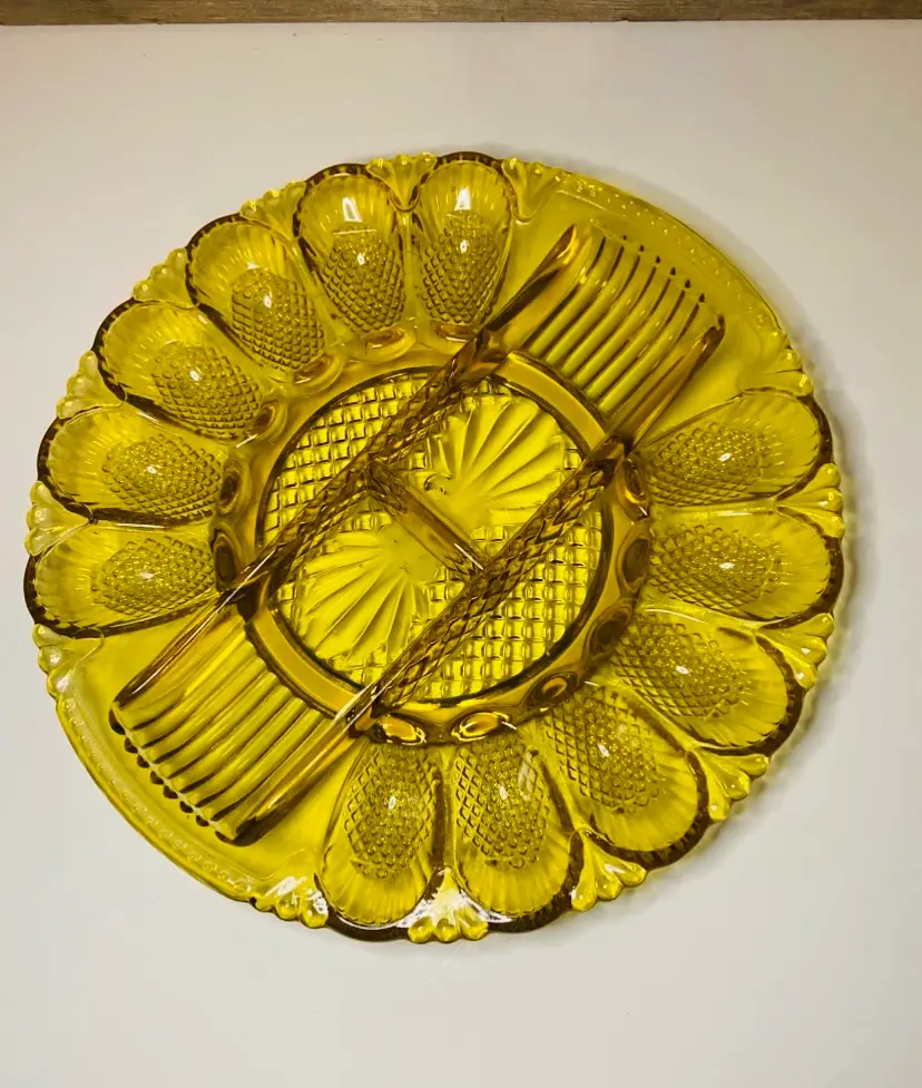 Vintage Amber Glass Deviled Egg Relish Serving Platter Mid Century Modern Retro Hollywood Regency
