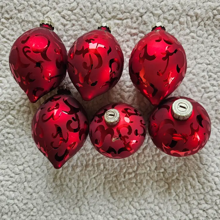 6 Red Frosted Floral Glass 3" Ball Christmas Ornaments Teardrop Ruby Red Holiday