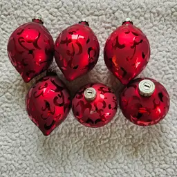 6 Red Frosted Floral Glass 3" Ball Christmas Ornaments Teardrop Ruby Red Holiday
