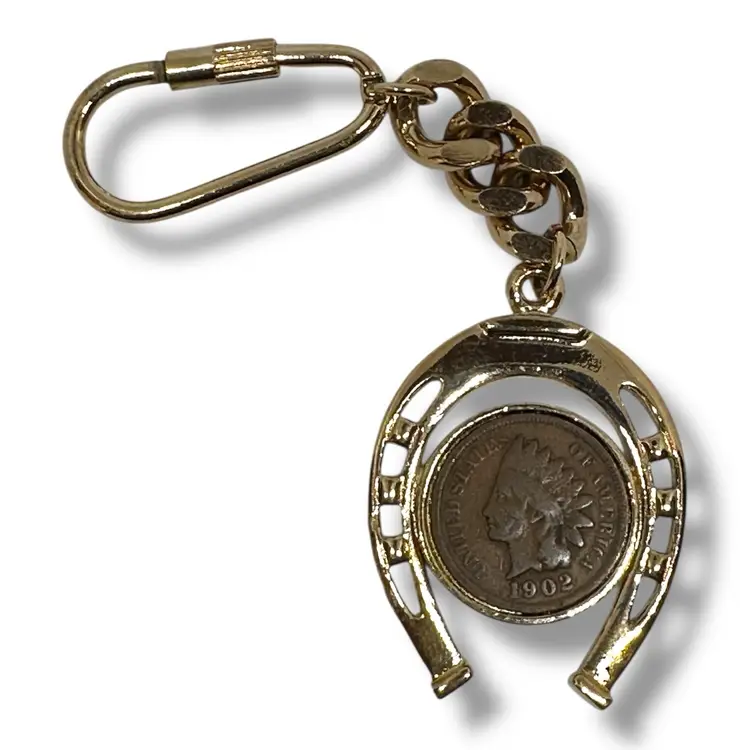 1902 Indian Head One Cent Penny On Lucky Horseshoe Keychain Bag Charm