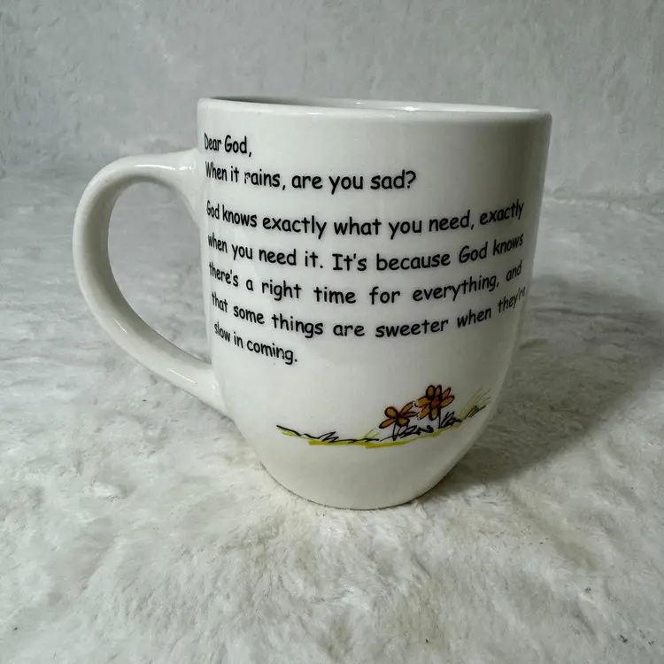 Vintage Royal Norfolk Dear God "When it rains are you sad" Coffee Mug Quote