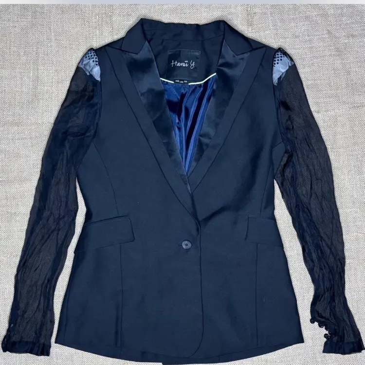 Black Wool Blend Blazer Fits M L Sheer Sleeves Corporate Goth Emo Yallternative