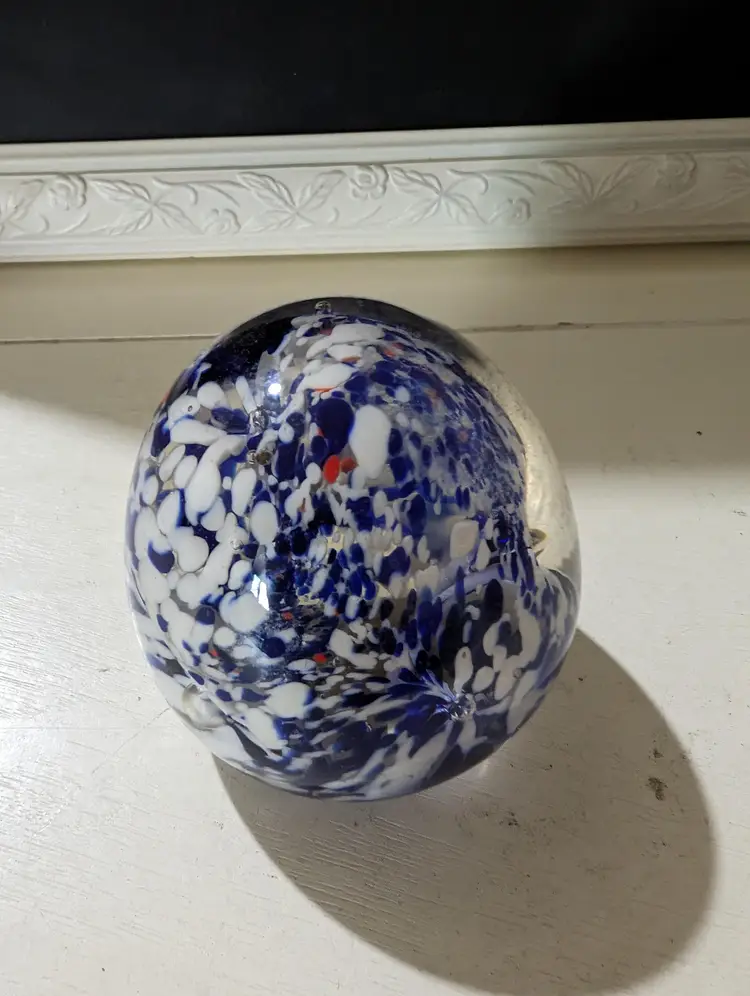 Art Glass Blue And White Confetti Design Paperweight