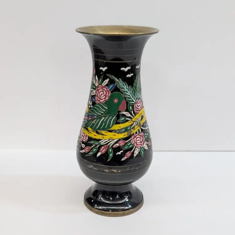 Vintage Brass Vase Hand Painted Enamel Metal Green Parrot Flowers Black 7" Tall