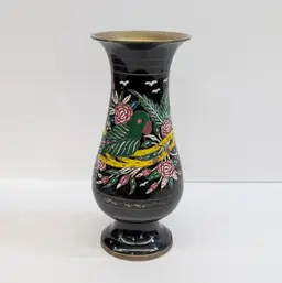 Vintage Brass Vase Hand Painted Enamel Metal Green Parrot Flowers Black 7" Tall