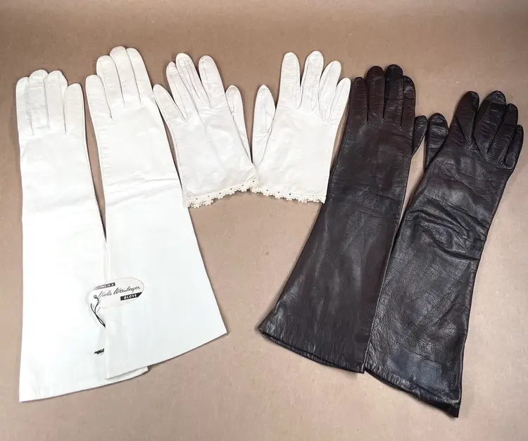 3 Pairs of Vintage Long Cream Brown French German Leather Opera Gloves + Mabel Danahy Box