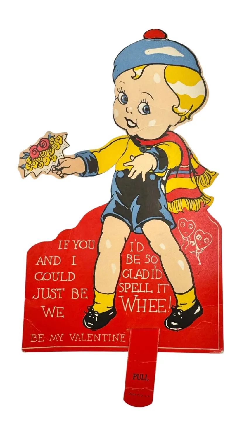 Vintage Die Cut Mechanical Valentine’s Day Card Boy with Bouquet USA 7"