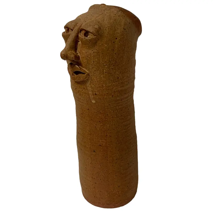 Unusual Folk Outsider Art Pottery Drooling Ugly Face Open Brain Sculpture - 11”