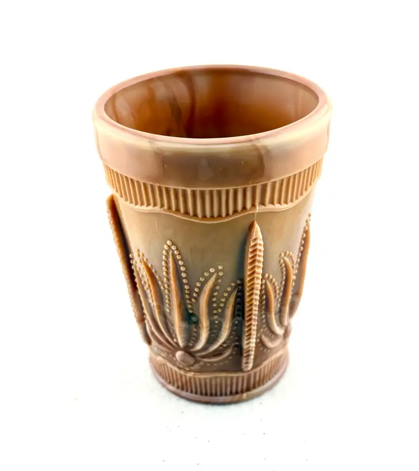 Vintage Greentown Chocolate Glass Tumbler Cactus Pattern 3.75” Tall x 2.75” at The Rim