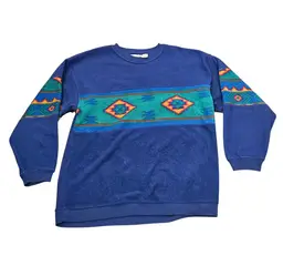 Bugle Boy Vintage Sweatshirt Men XL Blue Fleece Aztec Print Crew Neck Pullover
