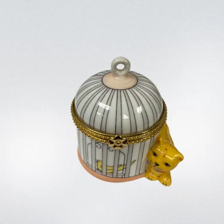 Cat & Bird In Cage Ceramic Trinket Box | 2.75”