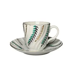 Vintage HB Diamond Occupied Japan Leaves & Foliage Scalloped Teacup & Saucer Bone China Porcelain 4.5"