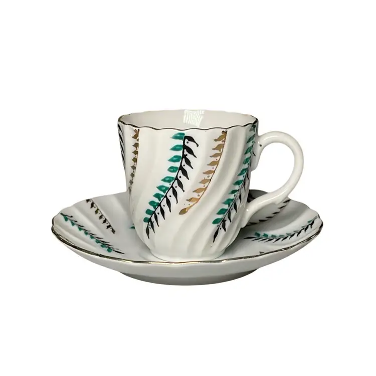 Vintage HB Diamond Occupied Japan Leaves & Foliage Scalloped Teacup & Saucer Bone China Porcelain 4.5"