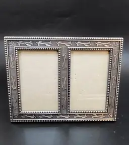 #01 - Small Double Metal Photo Frame Ornate  Floral Leaf Pattern Solid Vintage