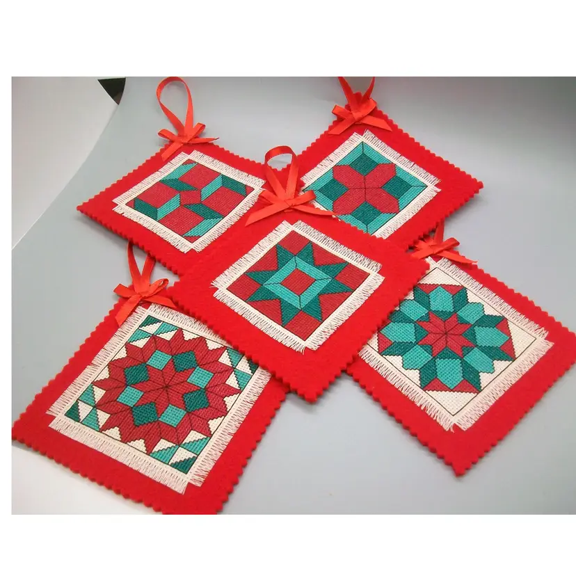 Set of 5 Cross Stitch Quilt Squares Nativity Story Christmas Ornaments