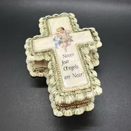 Vintage Ceramic Luster Cross Trinket Jewelry Box Cherub Angels Are Near