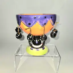 Halloween Bowl Planter Black Cat w/ Bat Charms Ceramic Cute