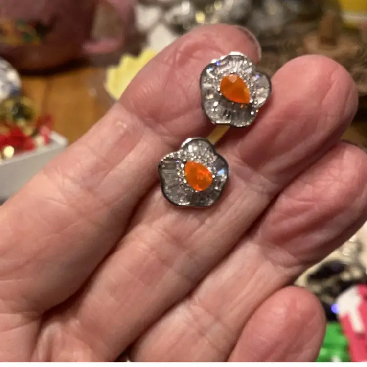 925 Sterling Silver Earrings Orange Opal 6 X 4mm Natural Gemstone Pierced