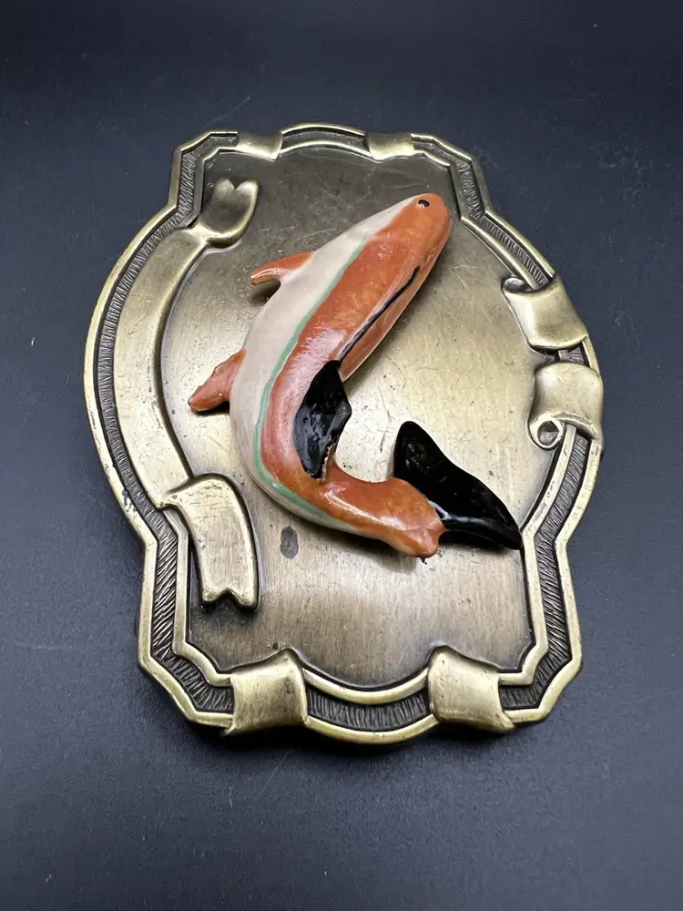 Fly Fishing Speckled Trout Fish Fisherman Western 1980s Vintage Belt Buckle