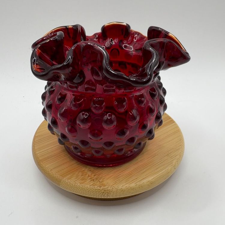 Fenton Red Hobnail Ruffled Edge Bowl