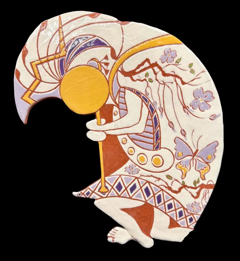 Signed Vintage Art Pottery Hanging Wall Plaque Kokopelli Floral Native American