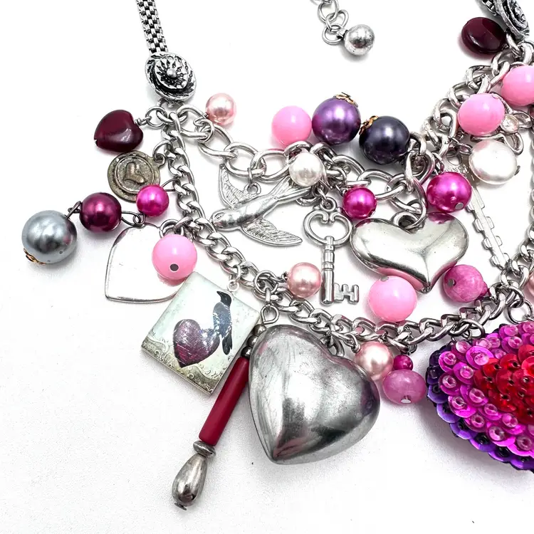 Valentine’s Day Junk Necklace Handmade Repurposed Jewelry Charms Beads 24”