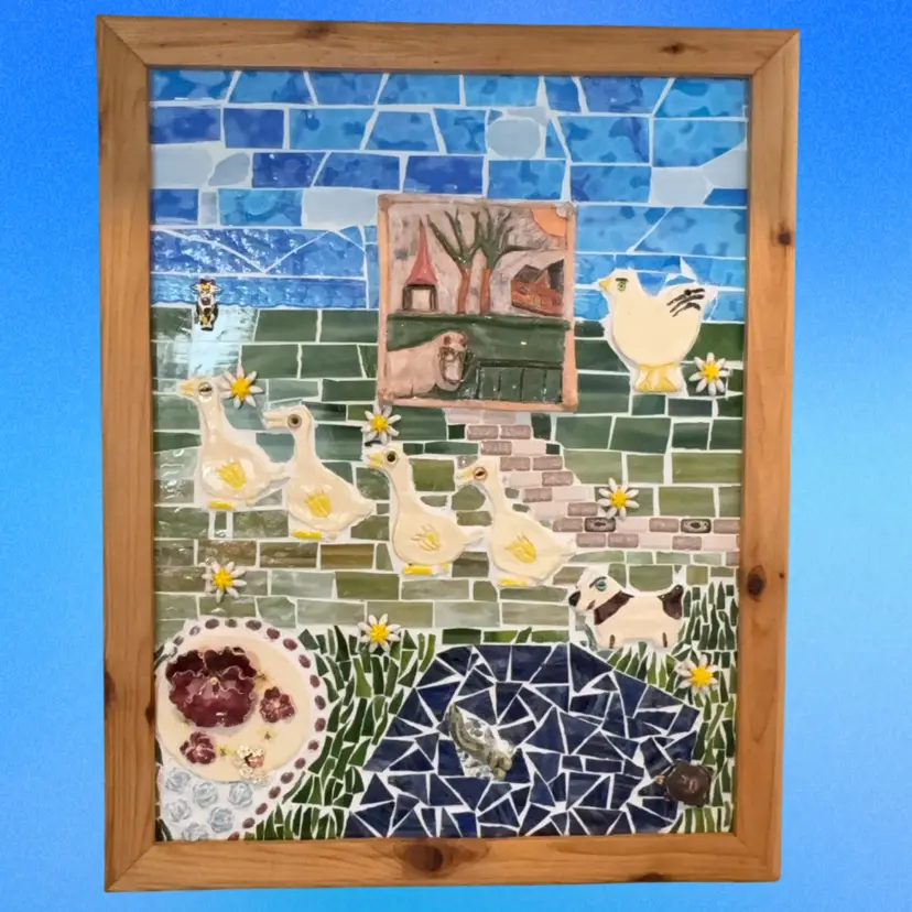 Mosaic With Repurposed Stained Glass, Tile, Jewelry, Horse, Chicken, Turtle, Dog, Geese. Handmade Frame 24” X 19”